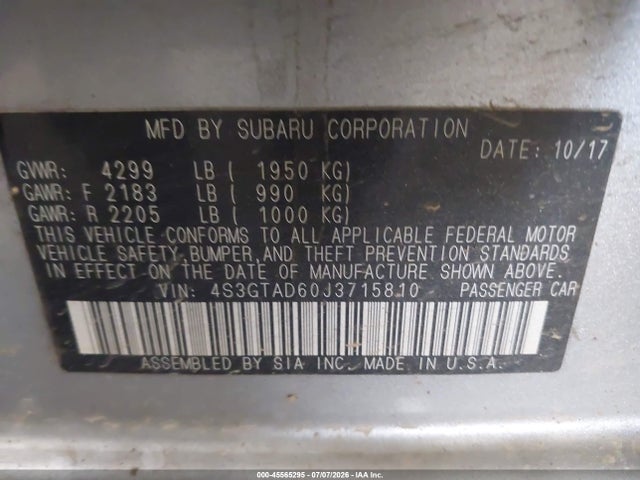 45565295 :رقم المزاد ، 4S3GTAD60J3715810 vin ، 2018 Subaru Impreza 2.0i Premium مزاد بيع