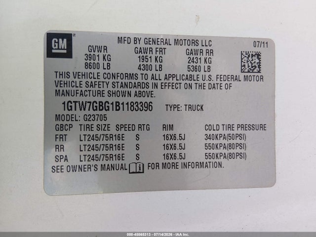 2011 Gmc Savana 2500 Work Van მანქანა იყიდება აუქციონზე, vin: 1GTW7GBG1B1183396, აუქციონის ნომერი: 45565313