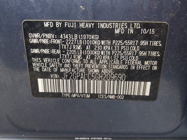 Продажа на аукционе авто 2016 Subaru Crosstrek 2.0i Limited, vin: JF2GPALC5GH209690, номер лота: 45565316