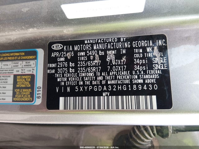 5XYPGDA32HG189430 KIA Sorento 2.4l Lx