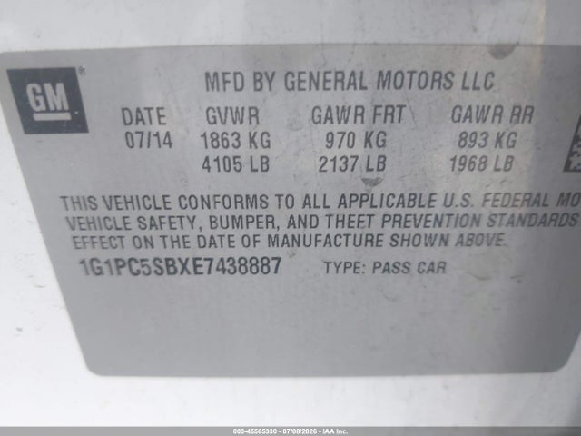1G1PC5SBXE7438887 Chevrolet Cruze 1lt Auto