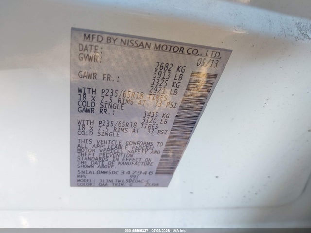 Aukcja sprzedaży 2013 Infiniti Jx35, vin: 5N1AL0MM5DC347946, numer aukcji: 45565337