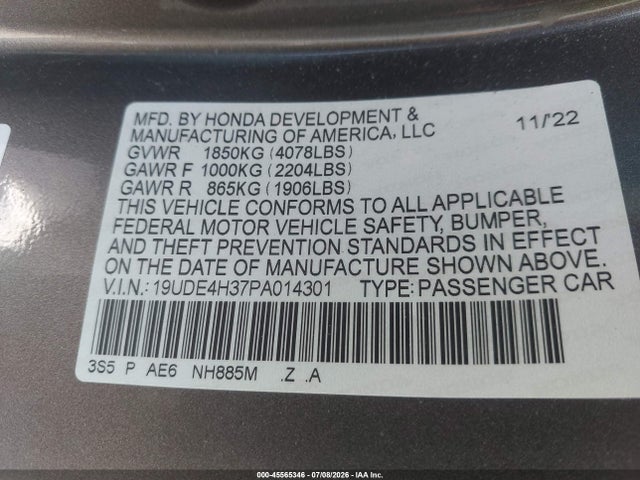 45565346 :رقم المزاد ، 19UDE4H37PA014301 vin ، 2023 Acura Integra A-spec مزاد بيع
