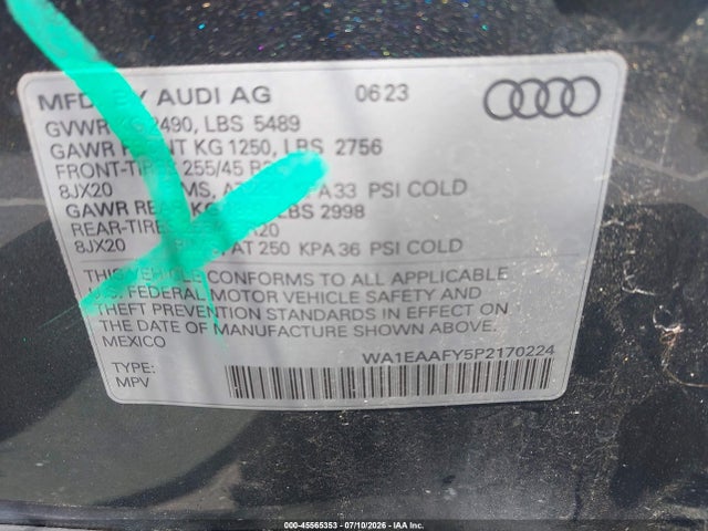 Продажа на аукционе авто 2023 Audi Q5 Premium Plus 45 Tfsi S Line Quattro, vin: WA1EAAFY5P2170224, номер лота: 45565353