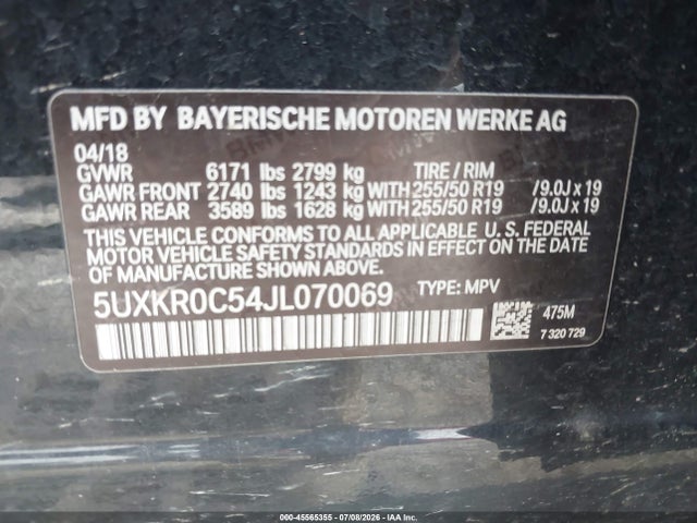 2018 Bmw X5 Xdrive35i მანქანა იყიდება აუქციონზე, vin: 5UXKR0C54JL070069, აუქციონის ნომერი: 45565355
