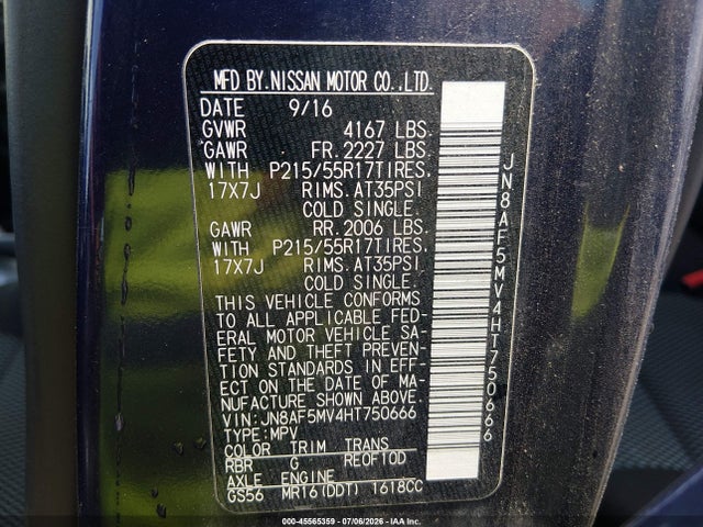 45565359 :رقم المزاد ، JN8AF5MV4HT750666 vin ، 2017 Nissan Juke S مزاد بيع