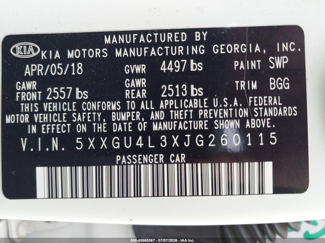 Продажа на аукционе авто 2018 Kia Optima Ex, vin: 5XXGU4L3XJG260115, номер лота: 45565367