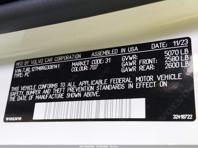 45565395 :رقم المزاد ، 7JRL12TM8RG308141 vin ، 2024 Volvo S60 B5 Ultimate Dark Theme مزاد بيع