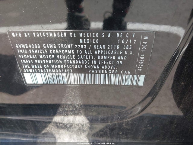 45565412 :رقم المزاد ، 3VWLL7AJ7DM391457 vin ، 2013 Volkswagen Jetta 2.0l Tdi مزاد بيع