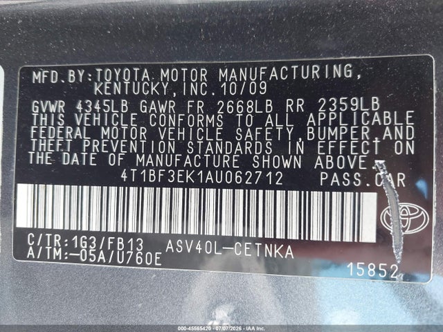 2010 Toyota Camry Le მანქანა იყიდება აუქციონზე, vin: 4T1BF3EK1AU062712, აუქციონის ნომერი: 45565420