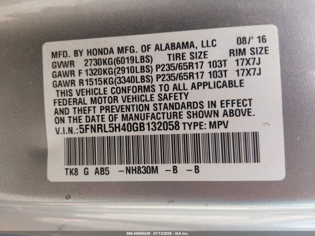 45565429 :رقم المزاد ، 5FNRL5H40GB132058 vin ، 2016 Honda Odyssey Ex مزاد بيع