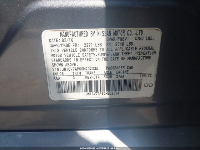 Aukcja sprzedaży 2016 Infiniti Q50 2.0t Base/2.0t Premium, vin: JN1CV7AP6GM202334, numer aukcji: 45565436