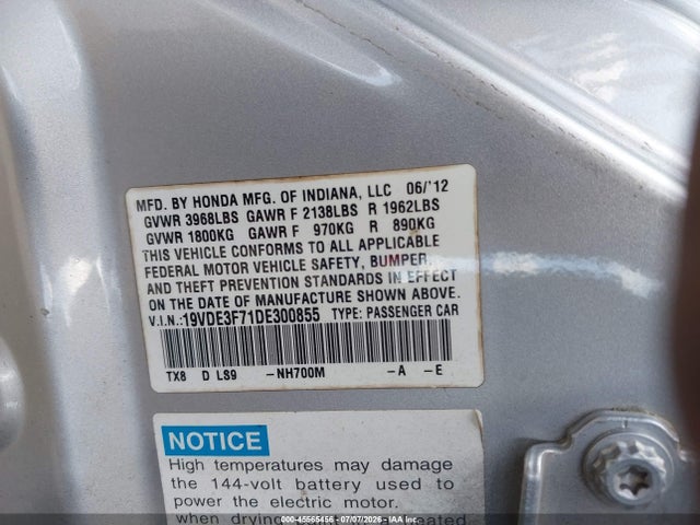 45565456 :رقم المزاد ، 19VDE3F71DE300855 vin ، 2013 Acura Ilx Hybrid 1.5l مزاد بيع