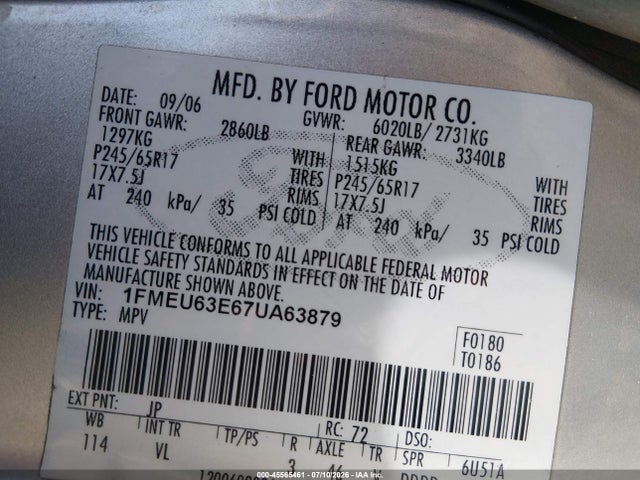 Aukcja sprzedaży 2007 Ford Explorer Xlt, vin: 1FMEU63E67UA63879, numer aukcji: 45565461