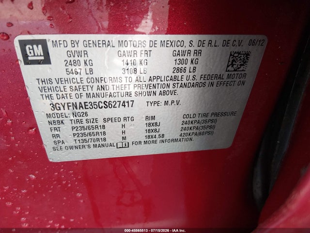 Aukcja sprzedaży 2012 Cadillac Srx Luxury Collection, vin: 3GYFNAE35CS627417, numer aukcji: 45565513