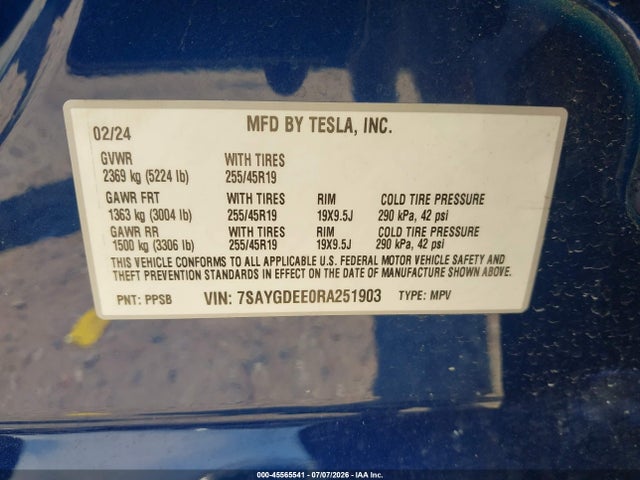 Aukcja sprzedaży 2024 Tesla Model Y Long Range Dual Motor All-wheel Drive, vin: 7SAYGDEE0RA251903, numer aukcji: 45565541