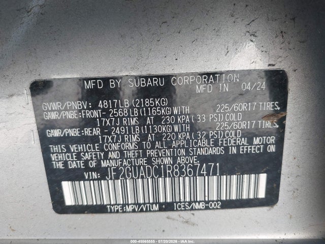 Aukcja sprzedaży 2024 Subaru Crosstrek Premium, vin: JF2GUADC1R8367471, numer aukcji: 45565555