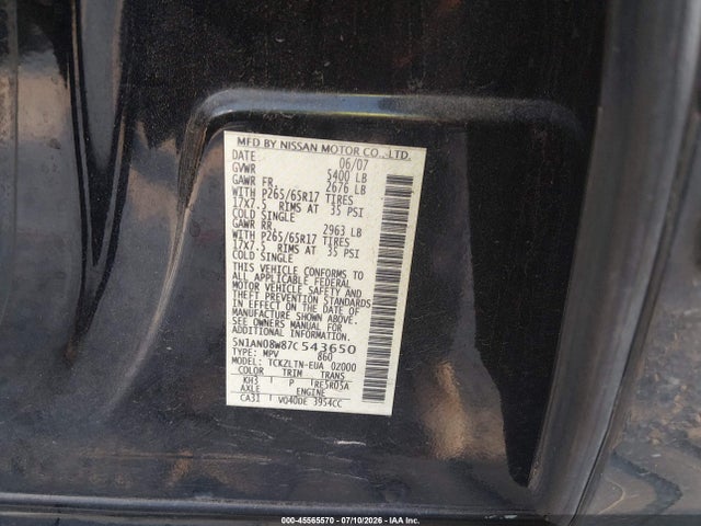45565570 :رقم المزاد ، 5N1AN08W87C543650 vin ، 2007 Nissan Xterra Se مزاد بيع