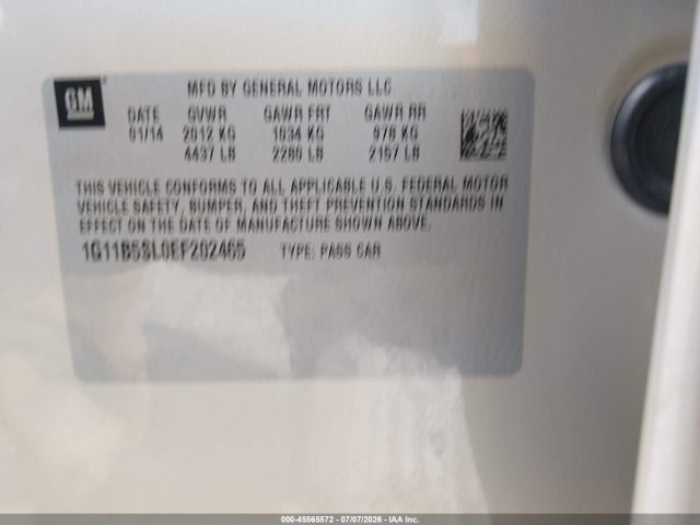 Aukcja sprzedaży 2014 Chevrolet Malibu 1ls, vin: 1G11B5SL0EF202465, numer aukcji: 45565572