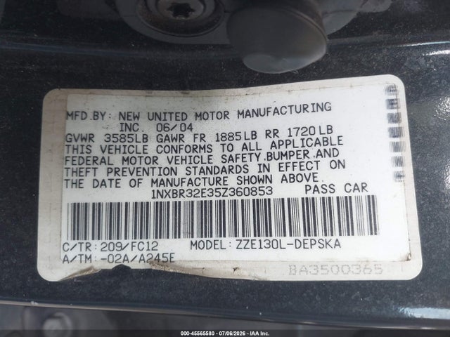 Aukcja sprzedaży 2005 Toyota Corolla S, vin: 1NXBR32E35Z360853, numer aukcji: 45565580