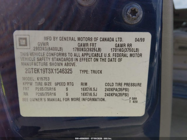 Продаж на аукціоні авто 1999 Gmc New Sierra 1500 Sle, vin: 2GTEK19T3X1546325, номер лоту: 45565583