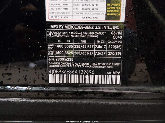 Продаж на аукціоні авто 2006 Mercedes-benz Ml 350 4matic, vin: 4JGBB86E36A139896, номер лоту: 45565590