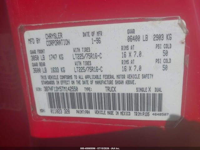 Продажа на аукционе авто 1996 Dodge Ram 1500, vin: 3B7HF13Y5TM142550, номер лота: 45565596
