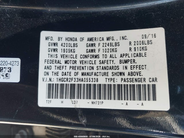 Honda ACCORD LX 2017 1HGCR2F33HA055338 Image 9