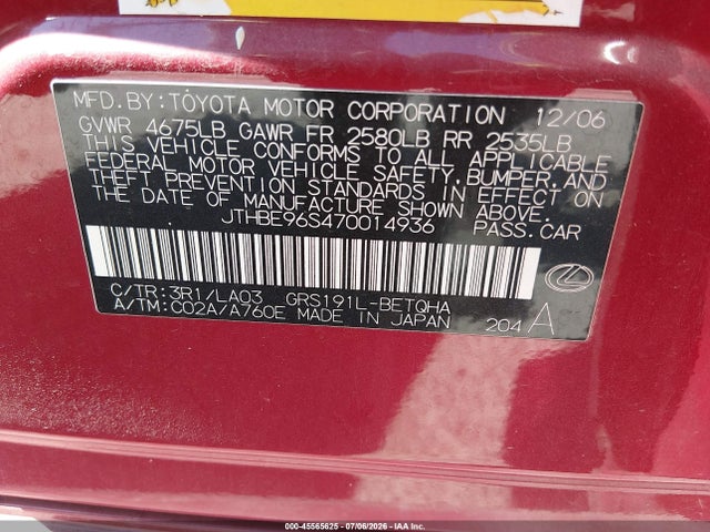 Продажа на аукционе авто 2007 Lexus Gs 350, vin: JTHBE96S470014936, номер лота: 45565625