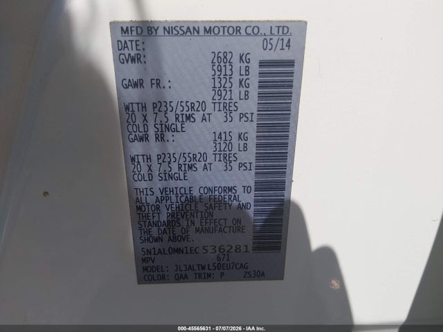 Продажа на аукционе авто 2014 Infiniti Qx60, vin: 5N1AL0MN1EC536281, номер лота: 45565631