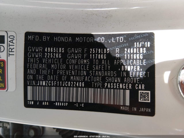 JHMZC5F11JC022406 Honda CLARITY PLUG-IN HYBRID