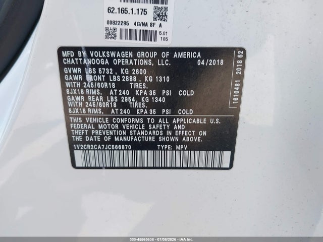 45565638 :رقم المزاد ، 1V2CR2CA7JC566870 vin ، 2018 Volkswagen Atlas 3.6l V6 Se مزاد بيع