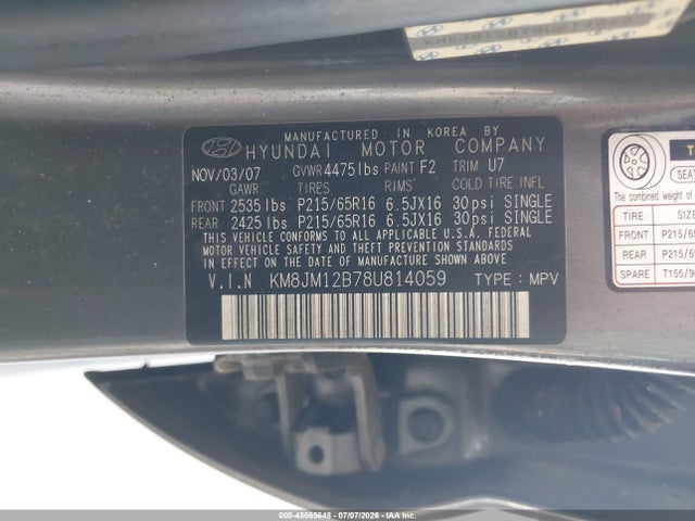 Aukcja sprzedaży 2008 Hyundai Tucson Gls, vin: KM8JM12B78U814059, numer aukcji: 45565648