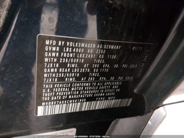 2012 Volkswagen Tiguan Se მანქანა იყიდება აუქციონზე, vin: WVGBV7AX5CW561905, აუქციონის ნომერი: 45565656