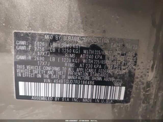 45565657 :رقم المزاد ، 4S4BTGUD7R3186486 vin ، 2024 Subaru Outback Wilderness مزاد بيع