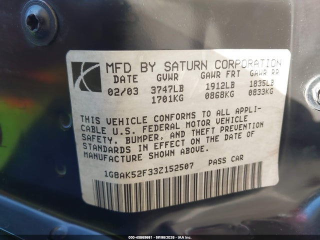 2003 Saturn Ion 3 მანქანა იყიდება აუქციონზე, vin: 1G8AK52F33Z152507, აუქციონის ნომერი: 45565661