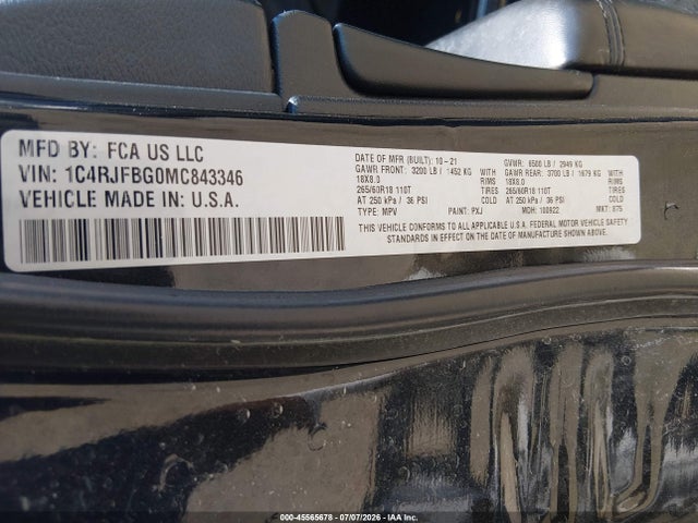 Aukcja sprzedaży 2021 Jeep Grand Cherokee Limited 4x4, vin: 1C4RJFBG0MC843346, numer aukcji: 45565678