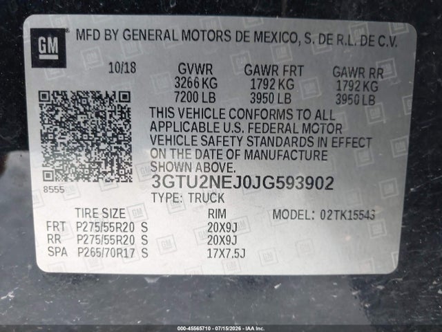 2018 Gmc Sierra 1500 Slt მანქანა იყიდება აუქციონზე, vin: 3GTU2NEJ0JG593902, აუქციონის ნომერი: 45565710