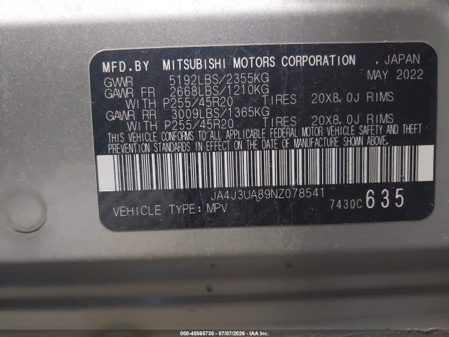 Продаж на аукціоні авто 2022 Mitsubishi Outlander Black Edition 2wd/se 2.5 2wd/se Launch Edition 2wd, vin: JA4J3UA89NZ078541, номер лоту: 45565730