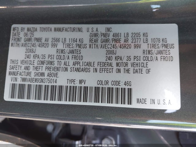 45565735 :رقم المزاد ، 7MMVABEM9SN375014 vin ، 2025 Mazda Cx-50 2.5 S Premium Plus Package مزاد بيع