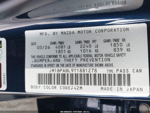 45565739 :رقم المزاد ، JM1BPABL9T1881278 vin ، 2026 Mazda Mazda3 2.5 S Select Sport مزاد بيع