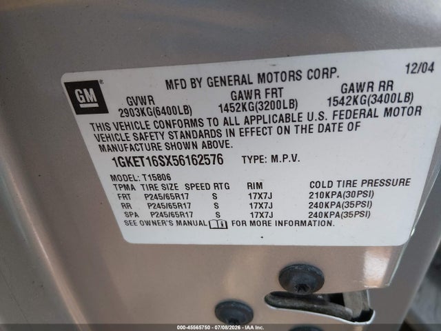 Aukcja sprzedaży 2005 Gmc Envoy Xl Sle, vin: 1GKET16SX56162576, numer aukcji: 45565750