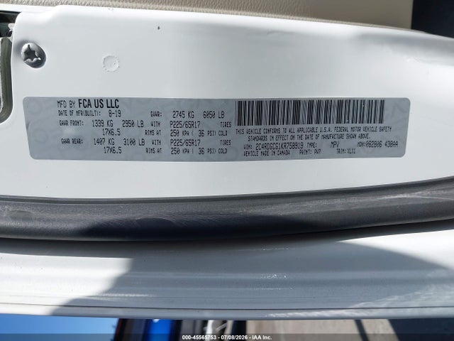 2019 Dodge Grand Caravan Sxt მანქანა იყიდება აუქციონზე, vin: 2C4RDGCG1KR758919, აუქციონის ნომერი: 45565753
