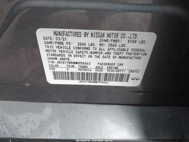 2021 Infiniti Q50 Luxe Awd მანქანა იყიდება აუქციონზე, vin: JN1EV7BR8MM755443, აუქციონის ნომერი: 45565754