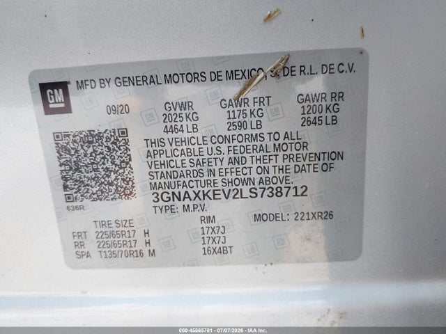 2020 Chevrolet Equinox Fwd Lt 1.5l Turbo მანქანა იყიდება აუქციონზე, vin: 3GNAXKEV2LS738712, აუქციონის ნომერი: 45565761
