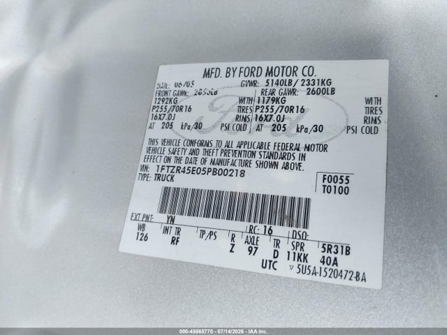 Продаж на аукціоні авто 2005 Ford Ranger Edge/fx4 Level Ii/fx4 Off-road/xlt, vin: 1FTZR45E05PB00218, номер лоту: 45565770