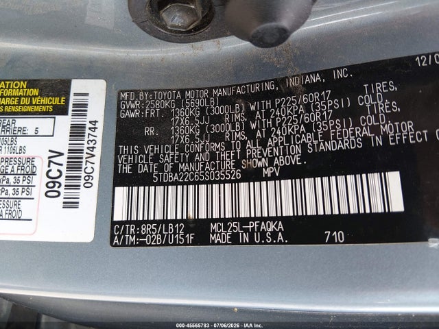 2005 Toyota Sienna Xle მანქანა იყიდება აუქციონზე, vin: 5TDBA22C65S035526, აუქციონის ნომერი: 45565783