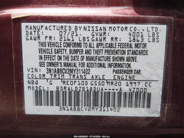 3N1AB8CV2MY311402 Nissan Sentra Sv Xtronic Cvt