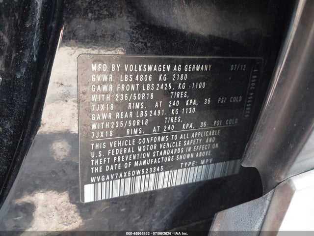 2013 Volkswagen Tiguan Se მანქანა იყიდება აუქციონზე, vin: WVGAV7AX5DW523345, აუქციონის ნომერი: 45565832