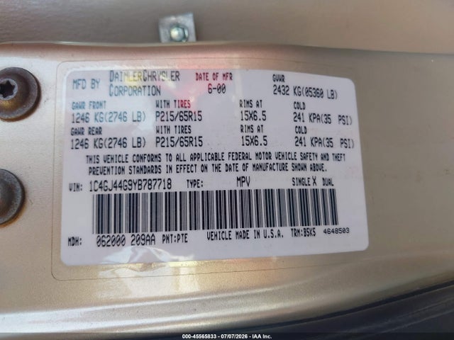 Aukcja sprzedaży 2000 Chrysler Grand Voyager Se, vin: 1C4GJ44G9YB787718, numer aukcji: 45565833